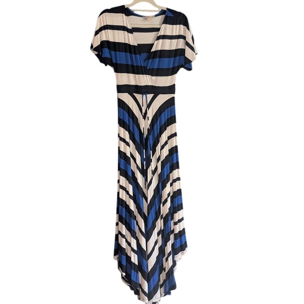 Banana Republic Maxi Dress Womens XS Striped Faux Wrap White Blue Black Summer